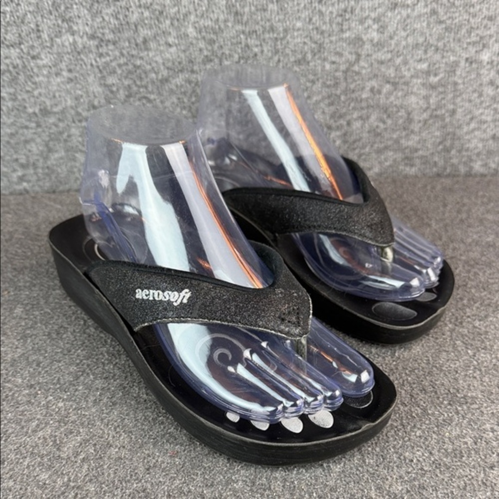 Aerosoft Womens Glitterati Arch Support Black Thong Flip Flop Size EU37|US 6